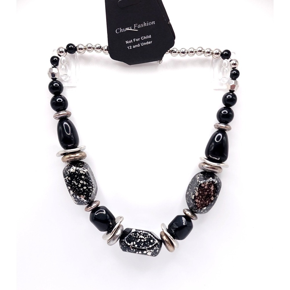 Chuns Fashion Good Glazes Chunky Black Bead Statement Necklace NWT